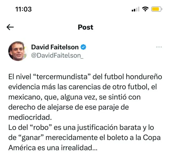 La publicación de David Faitelson en su cuenta de Twitter.