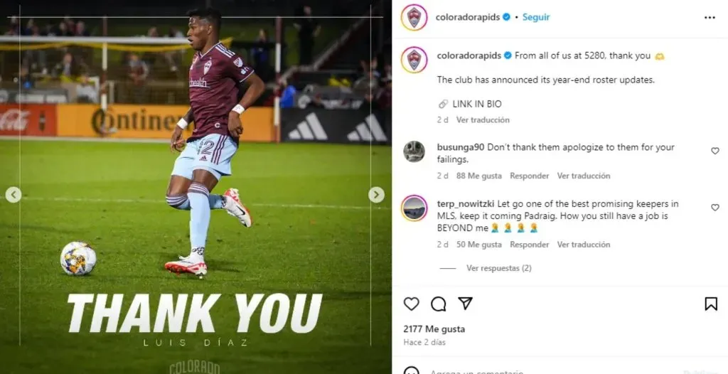 Luis Díaz no continuará vistiendo la camiseta del Colorado Rapids.