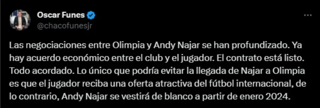 Andy Najar le dio le sí a Olimpia.