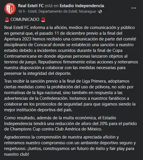 El comunicado completo de Real Estelí tras la sanción que Concacaf le impuso.