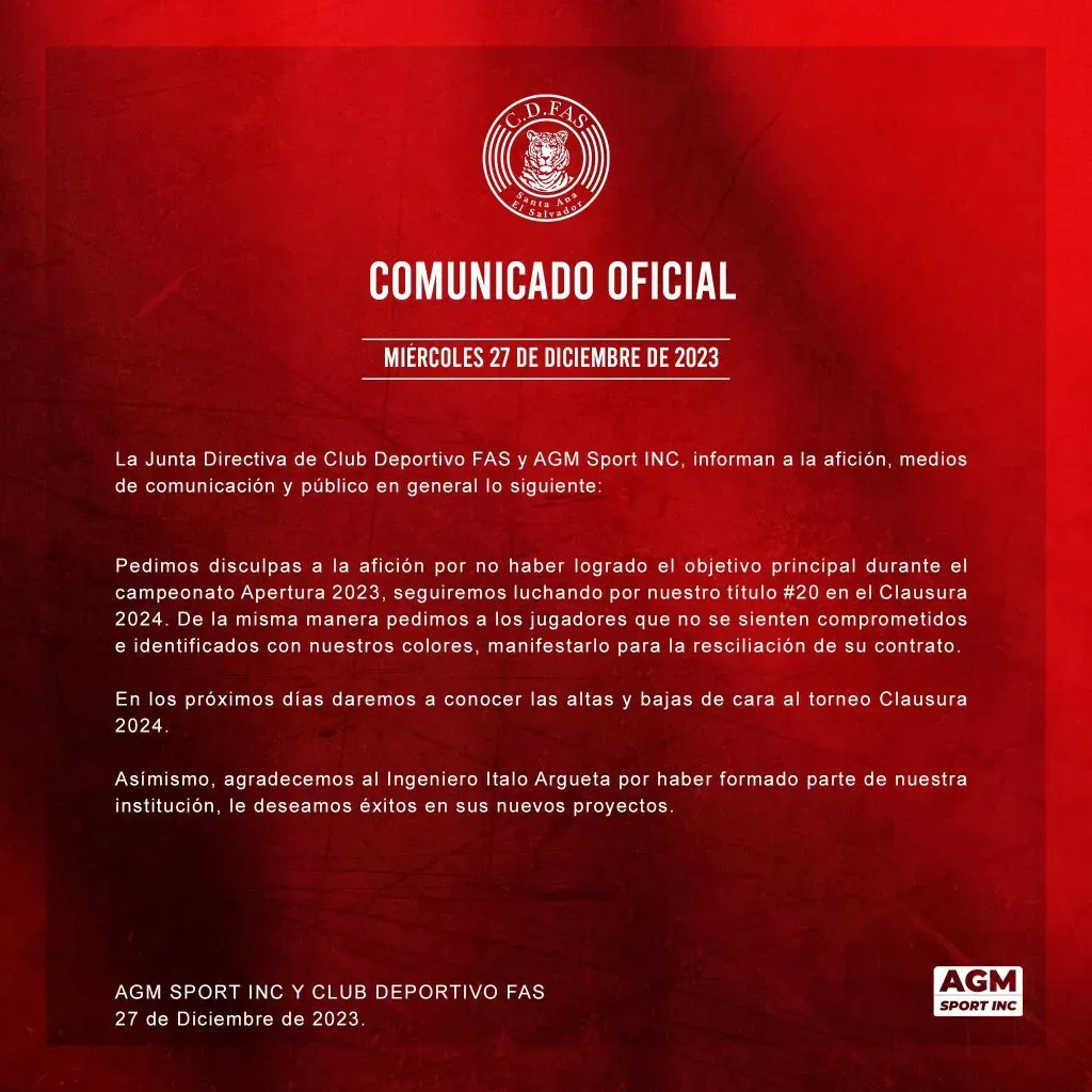 El comunicado del Deportivo FAS con un duro mensaje a sus jugadores (Foto: Deportivo FAS)