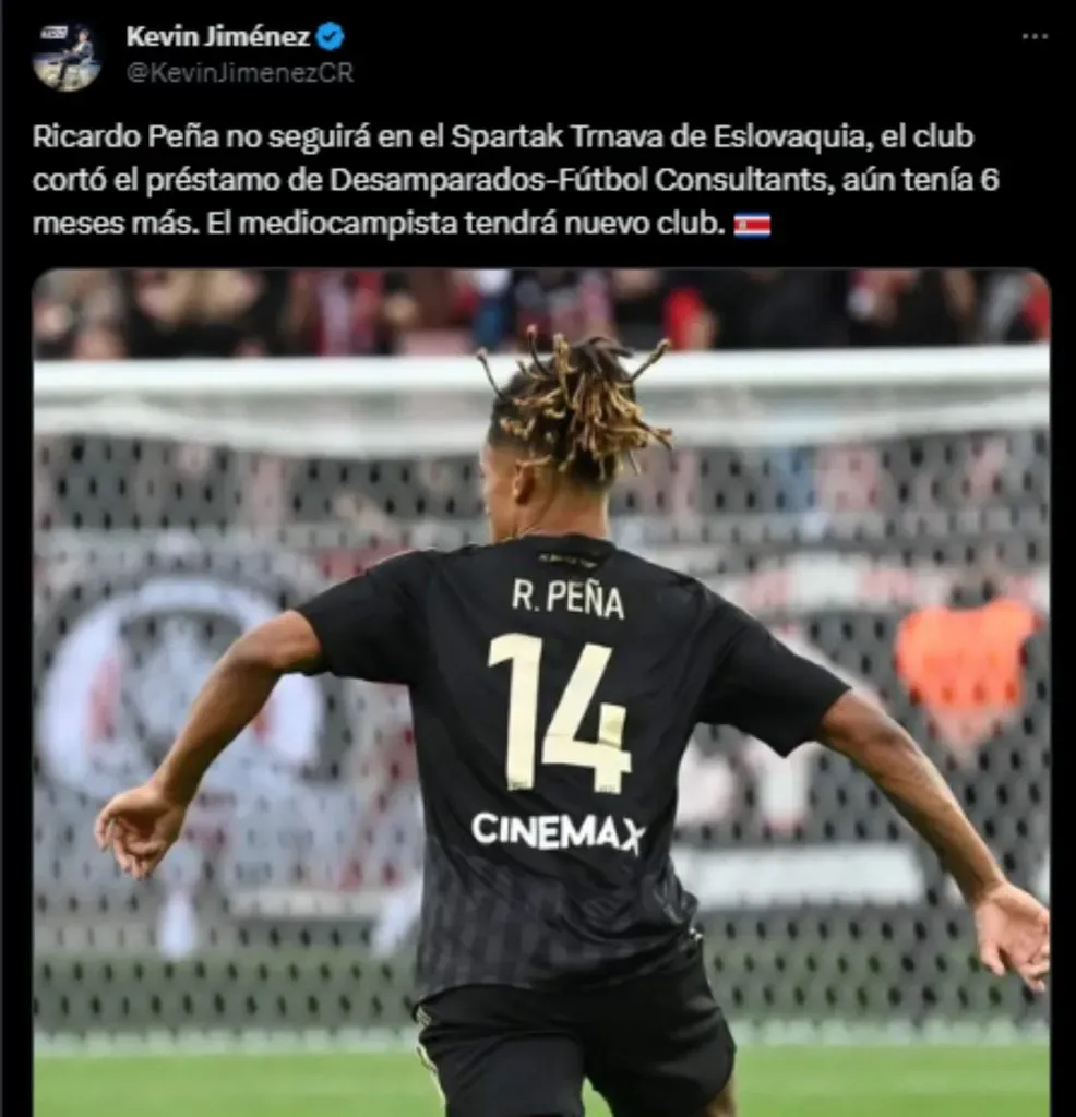 Kevin Jiménez informó que Ricardo Peña no continuará en el conjunto eslovaco. (Foto: X)