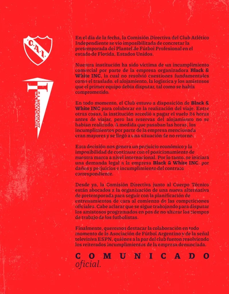 El comunicado completo de Independiente. (Foto: CAI)