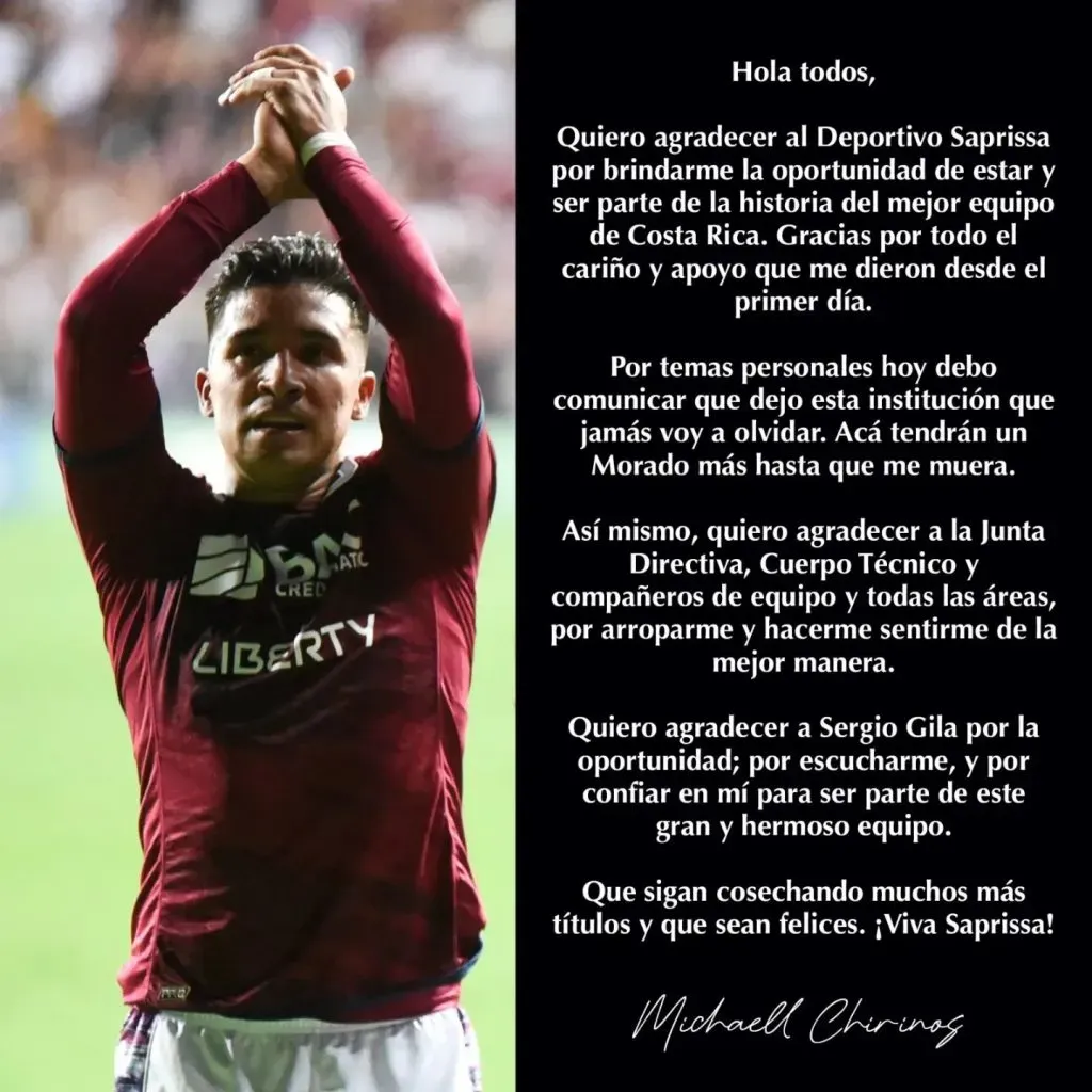 El mensaje de Michaell Chirinos despidiéndose del Saprissa (Foto: Michaell Chirinos)