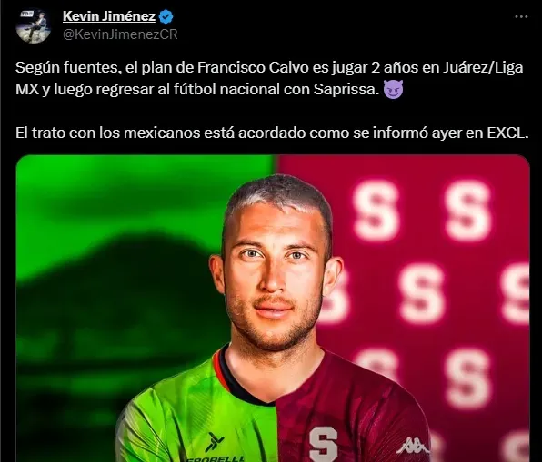 La información de Francisco Calvo y su regreso a Saprissa. (Foto: Kevin Jiménez, X)