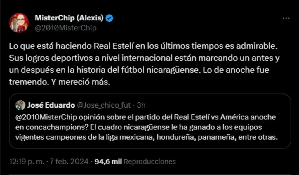 El mensaje de MisterChip sobre el gran presente de Real Estelí. (Foto: X)
