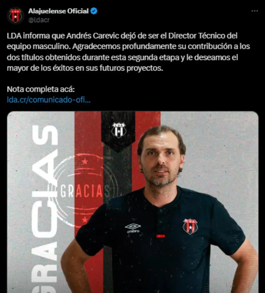 Andrés Carevic fue apartado de su cargo en Alajuelense. (Foto: X)