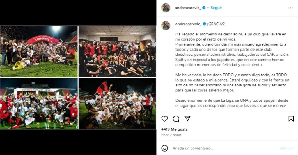 La despedida de And´res Carevic en sus redes sociales. (Foto: Instagram)