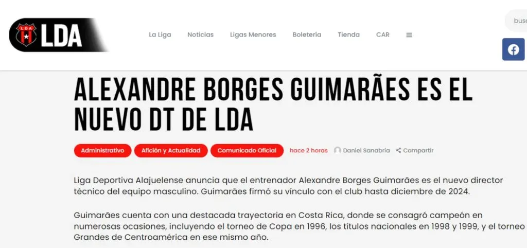El comunicado que confirmó la llegada de Guimaraes a Alajuelense. (Foto: LDA)