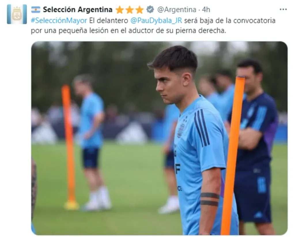 La Selección Argentina anunció la lesión de Paulo Dybala. (Foto: X)