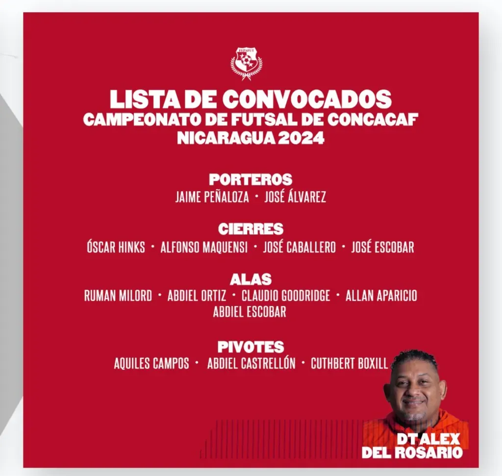 Los catorce convocados por Alex Del Rosario para el Premundial de Futsal de la Concacaf. (Foto: FEPAFUT)