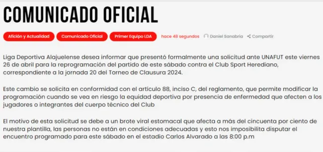 El comunicado completo de Liga Deportiva Alajuelense. (Foto: LDA)