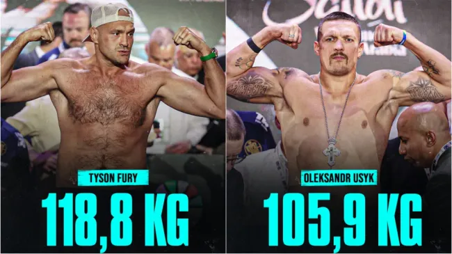Tras el pesaje, se conoció que habrá una diferencia de casi 13 kilos —o 30 libras— entre Fury y Usyk. (Fotos: @LaSueur_off / Twitter)