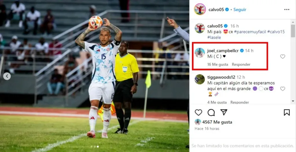 El comentario de Joel Campbell en el posteo de Francisco Calvo. (Foto: Instagram)