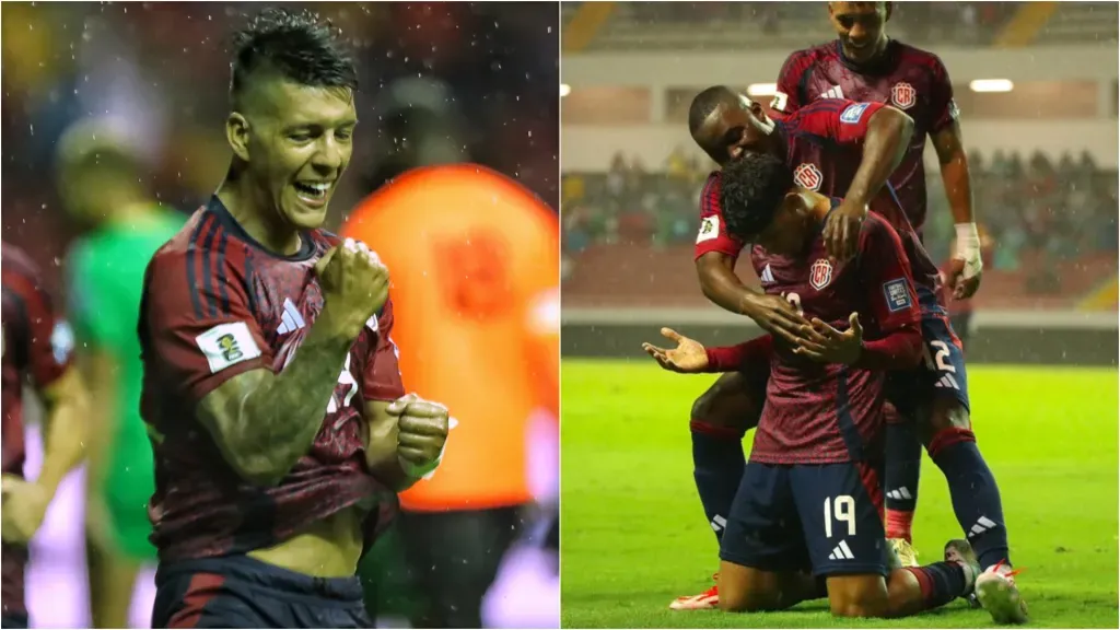 Galo y Rojas celebran tras marcar con La Sele frente a San Cristóabl y Nieves. (Fotos: John Durán / La Nación y FCRF)