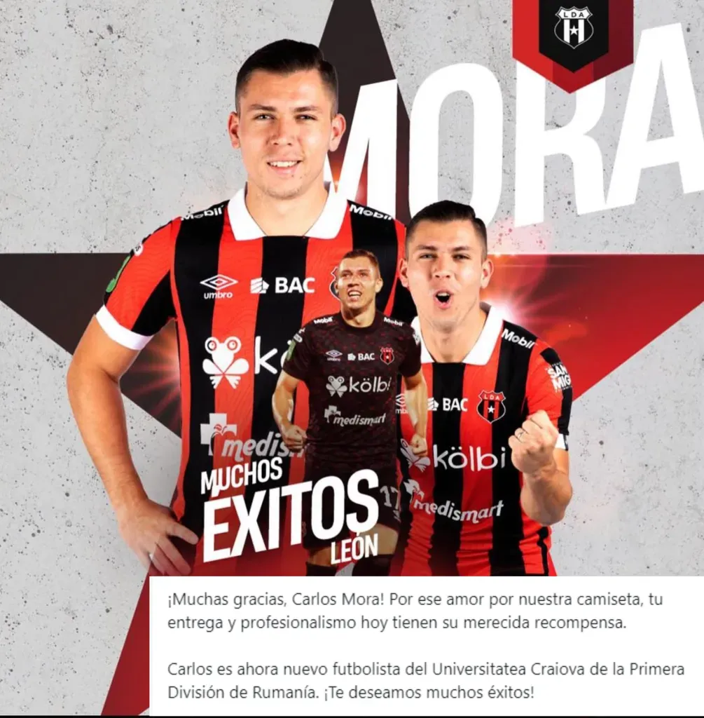 El mensaje de despedida de Alajuelense a Carlos Mora. (Foto: LDA)
