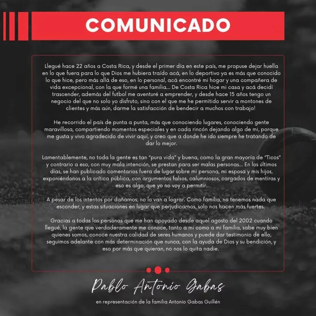 El comunicado que publicó Pablo Gabas. (Instagram)