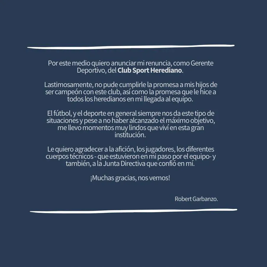 La carta de despedida de Robert Garbanzo (Twitter).