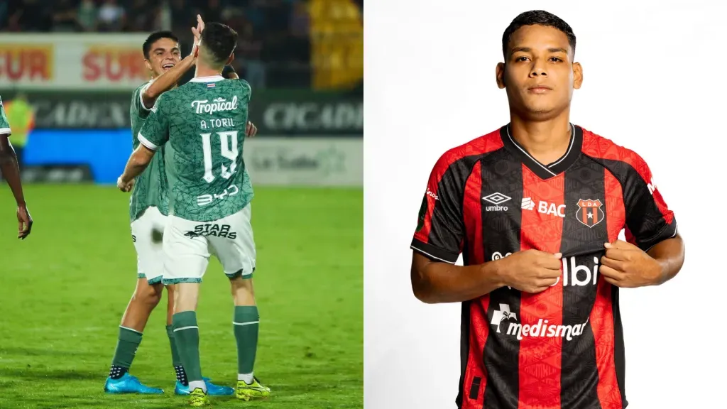 Santiago van der Putten celebra con Alberto Toril. Al lado, Creichel Pérez posa con la camisa de Alajuelense en su retorno al club. (LDA)