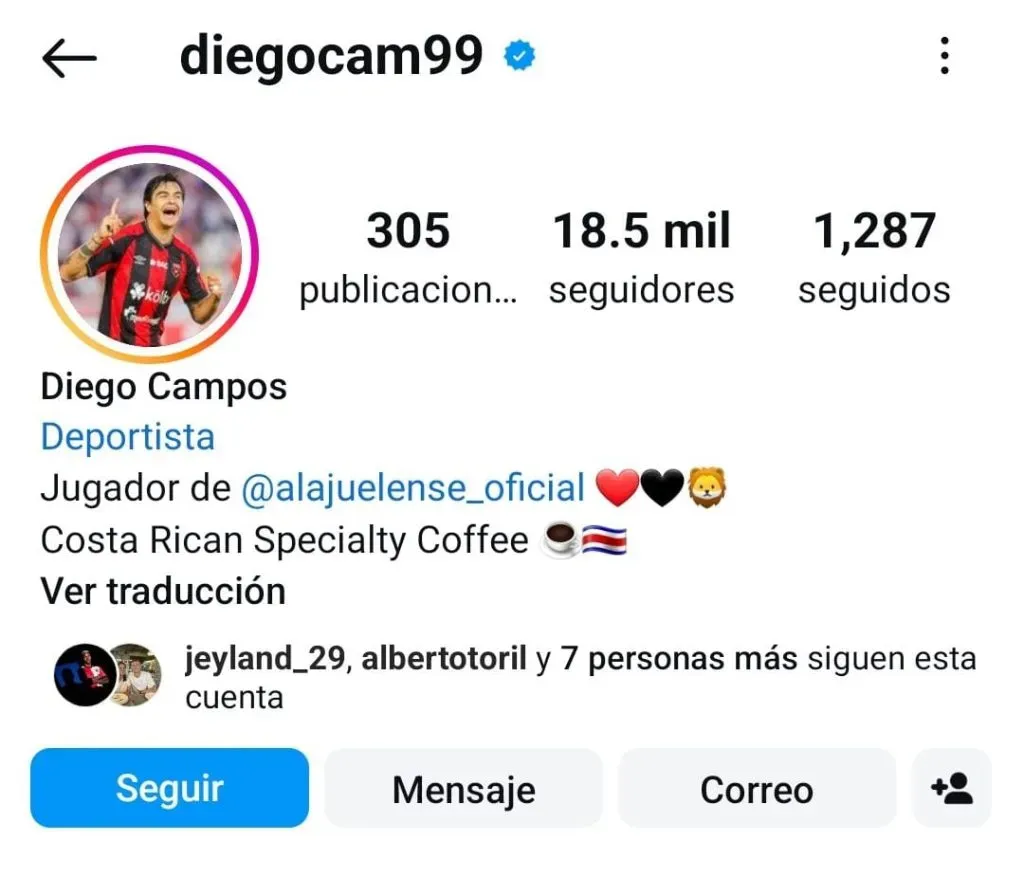 Diego Campos detallando en su Instagram que es un especialista en café