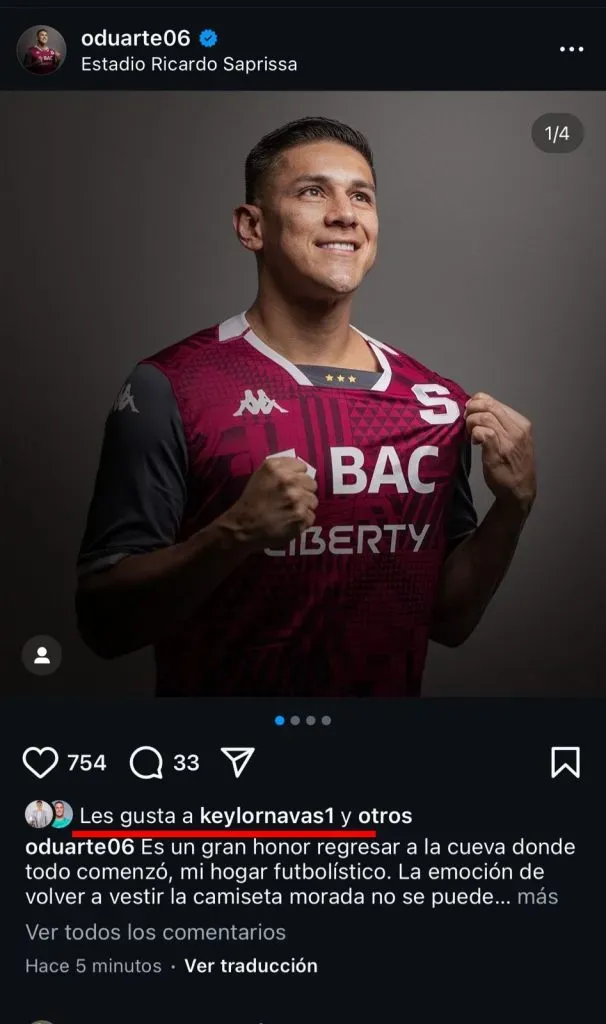 El “me gusta” de Keylor Navas al anuncio de Oscar Duarte.