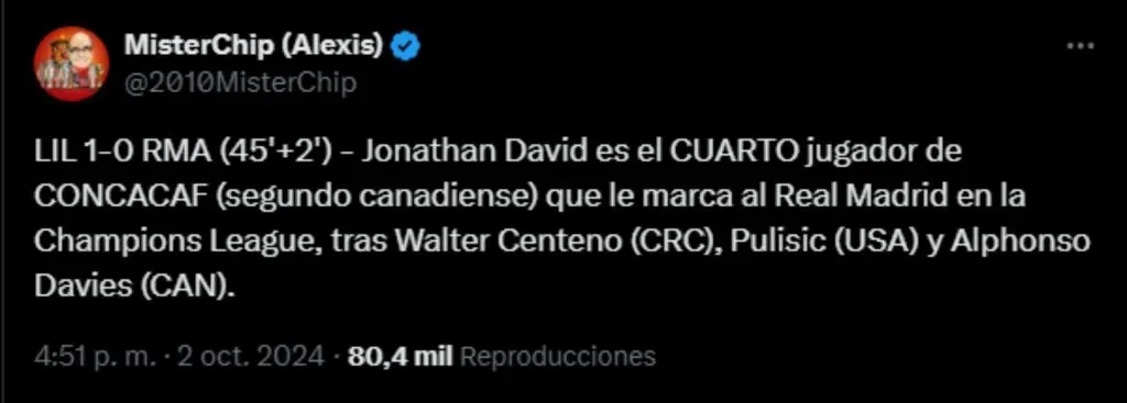 El tweet de MisterChip recordando el gol de Paté Centeno al Real Madrid. (Foto: X)