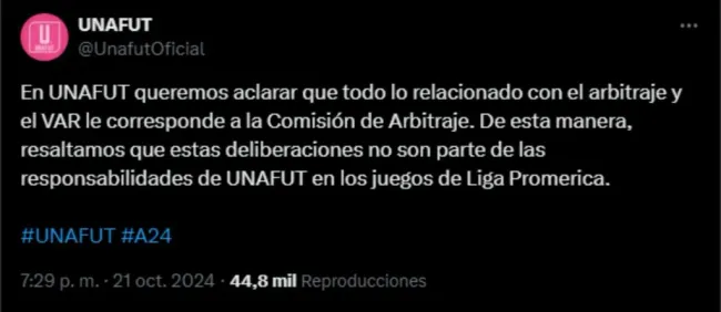 El mensaje de Unafut acerca del VAR. (Foto: X)