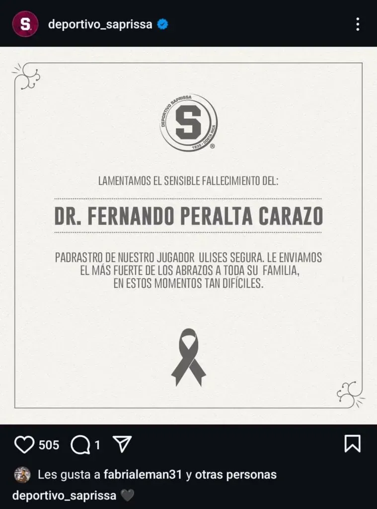El mensaje de Saprissa por el fallecimiento del padre de Saprissa.