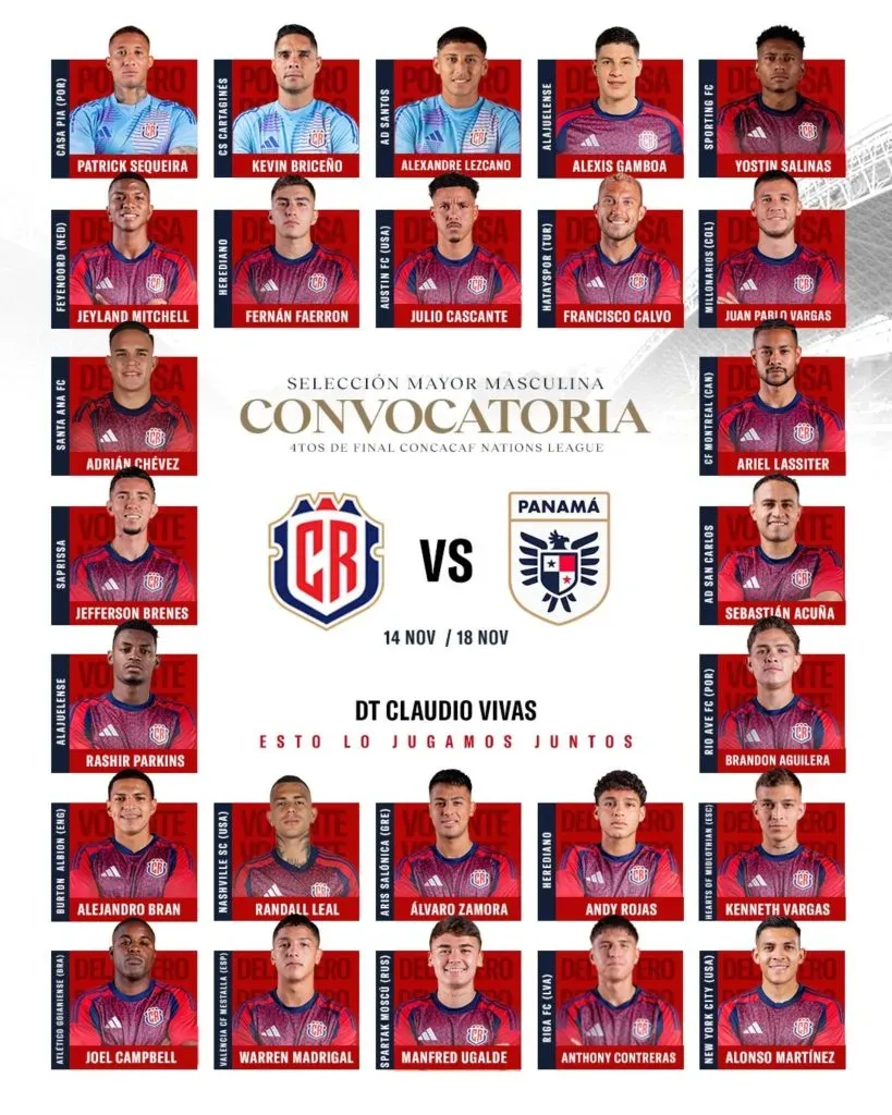 La lista de convocados de Costa Rica con Adrián Chevez ente los citados.