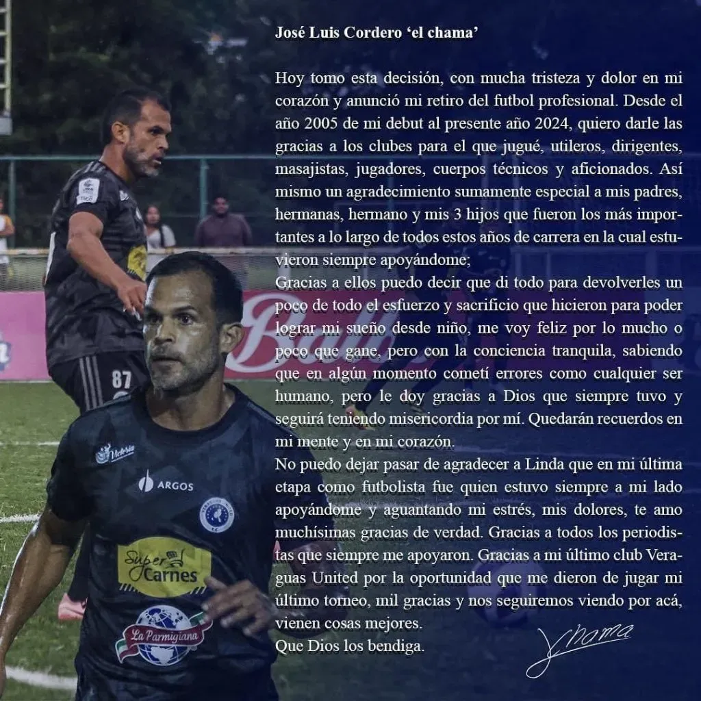 El comunicado de Cordero sobre su retiro. (Instagram)