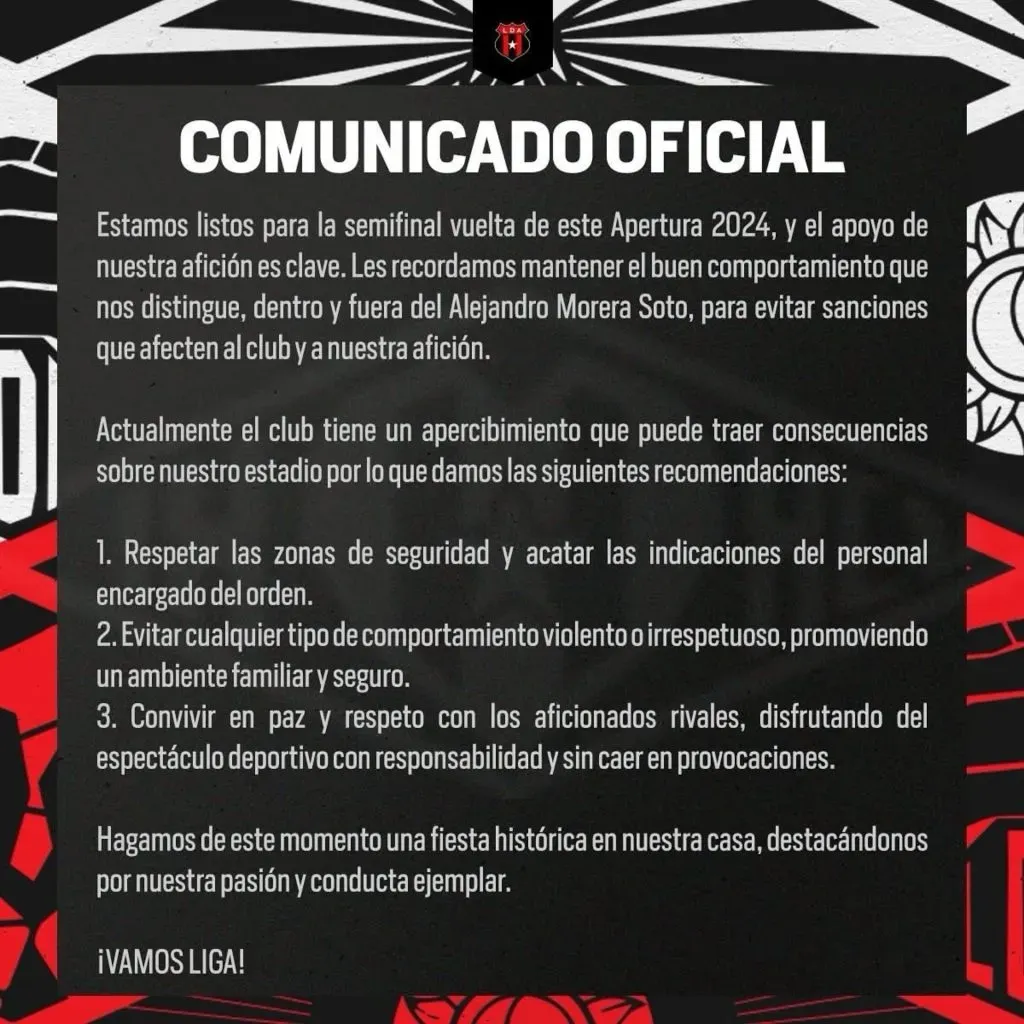 El comunicado de Alajuelense por temor a problemas en las tribunas.