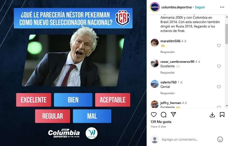Excelente es lo que todos opinan sobre Pekerman a Costa Rica. (Instagram)