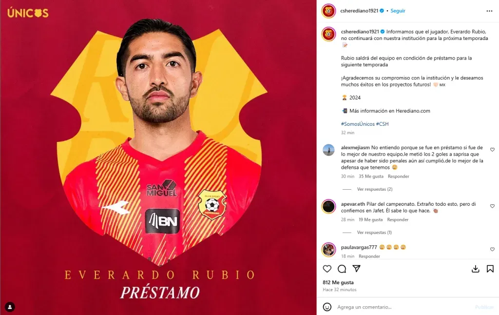 Everardo Rubio es una pérdida importante para Herediano. (Instagram)