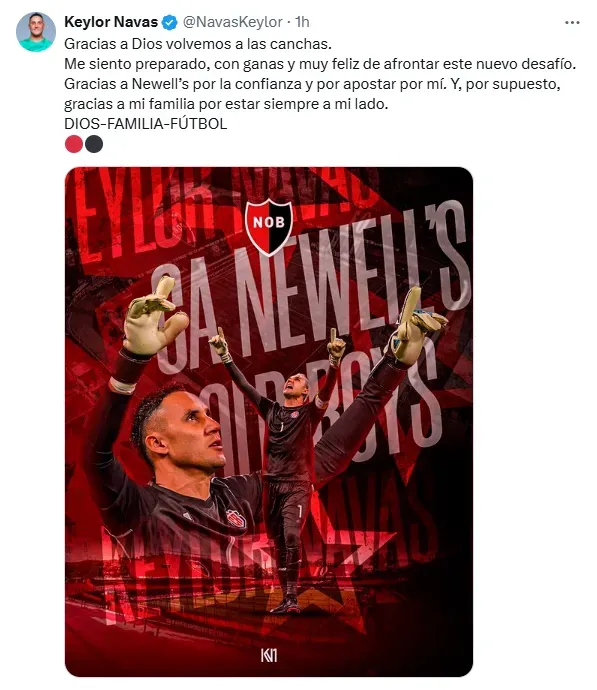 Las primeras palabras de Keylor Navas como rojinegro. (X.com)