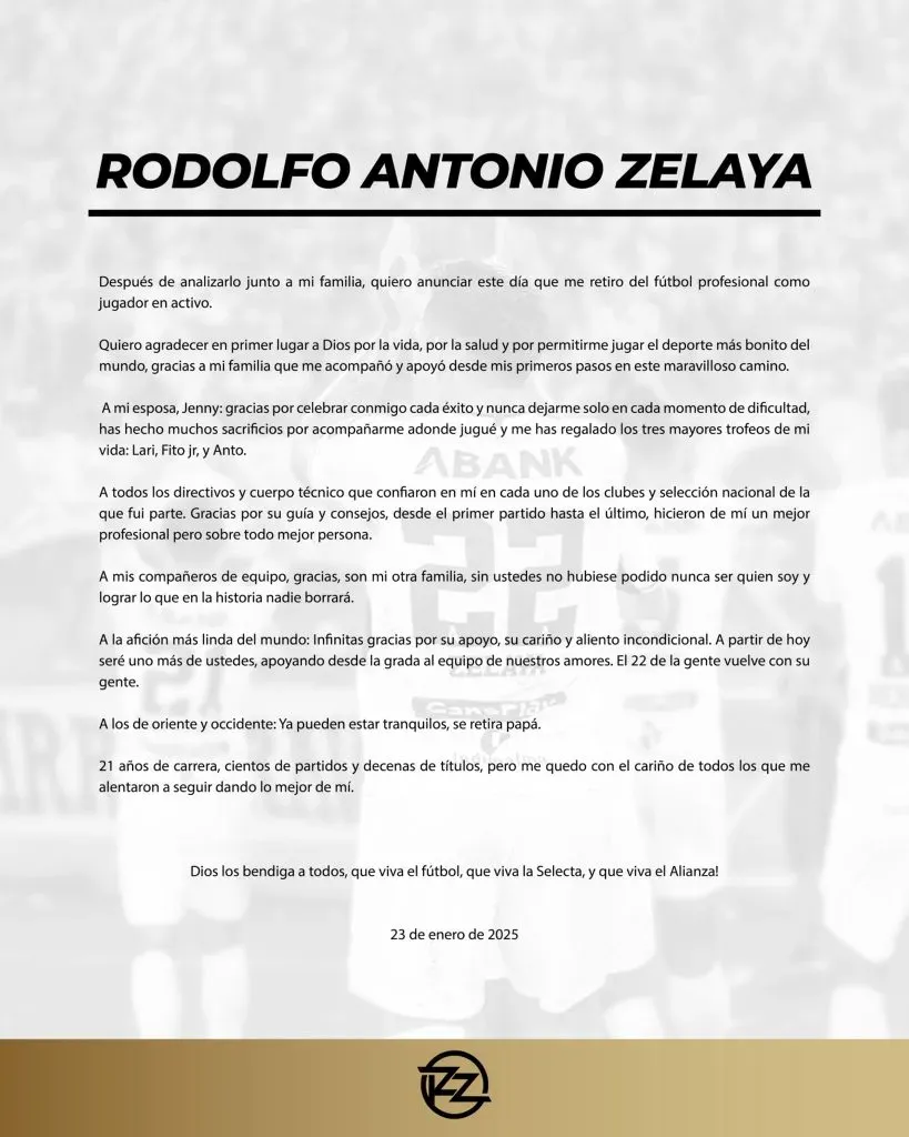 Comunicado oficial de Rodolfo Zelaya