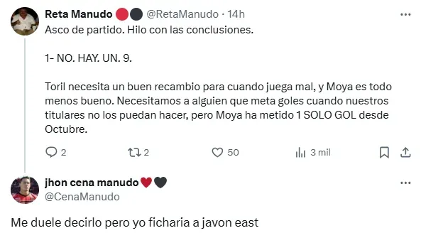 Uno de los tantos comentarios pidiendo a Javon East en Alajuelense. (X.com)
