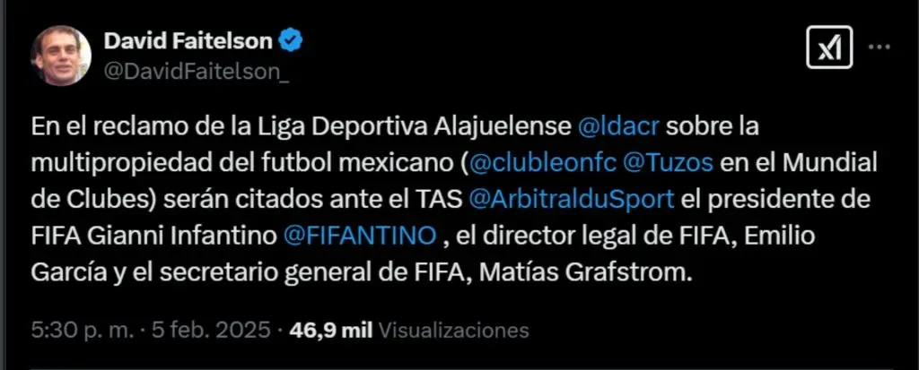La publicación de David Faitelson sobre el reclamo de Alajuelense en el TAS.
