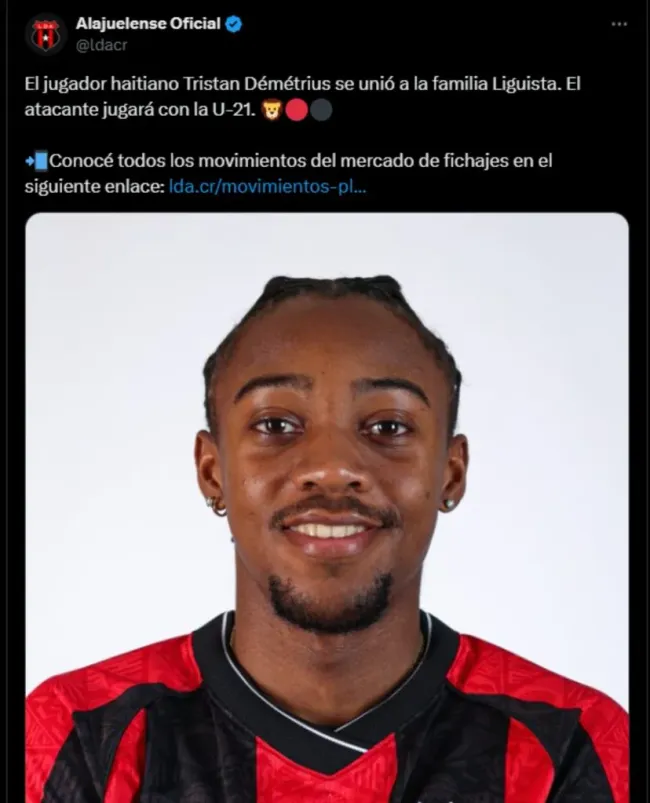 Este viernes, Alajuelense hizo oficial la llegada de Tristan Démétrius y desató al polémica. (X.com)