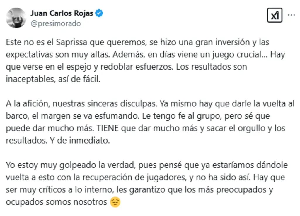 El polémico mensaje de Juan Carlos Rojas, presidente de Saprissa, que estuvo lejos de calmar las aguas. (Foto: X)