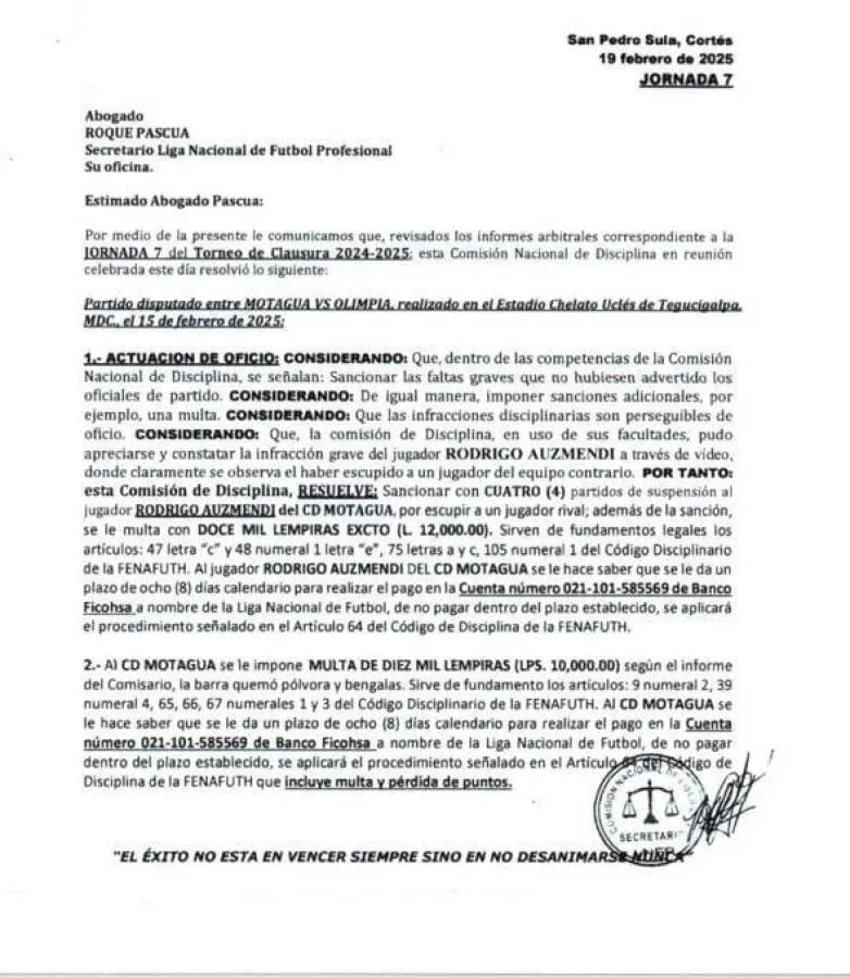 Este fue el comunicado de la Comisión de Disciplina para castigar a Rodrigo Auzmendi.