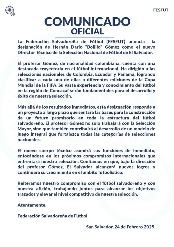 El comunicado oficial de la Fesfut para anunciar a Bolillo Gómez.