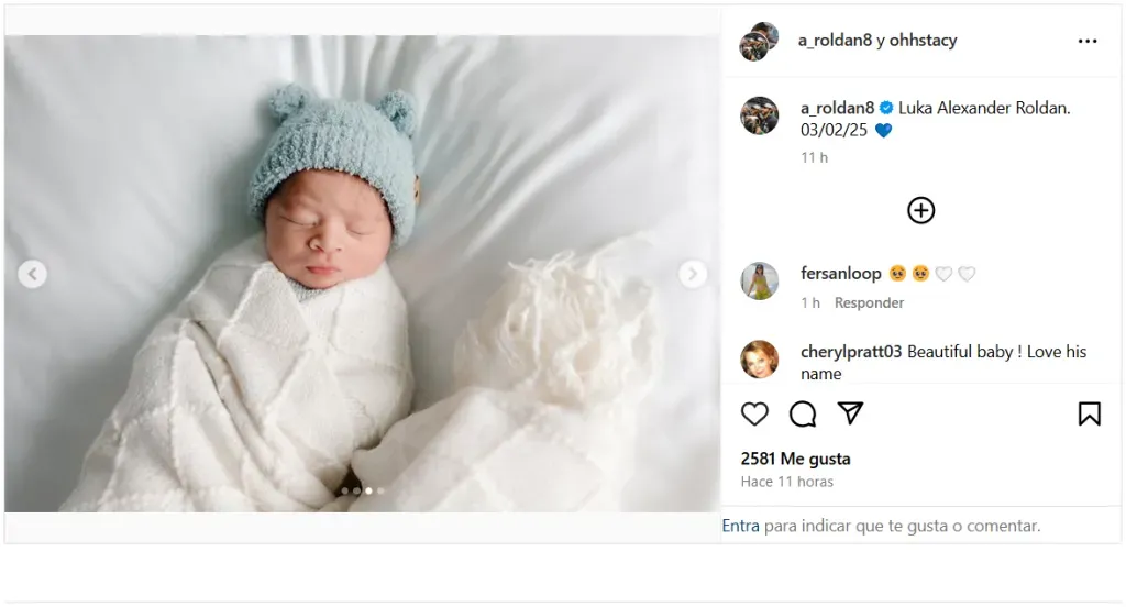 Álex Roldán presentó a Luka Alexander, su hijo recién nacido.