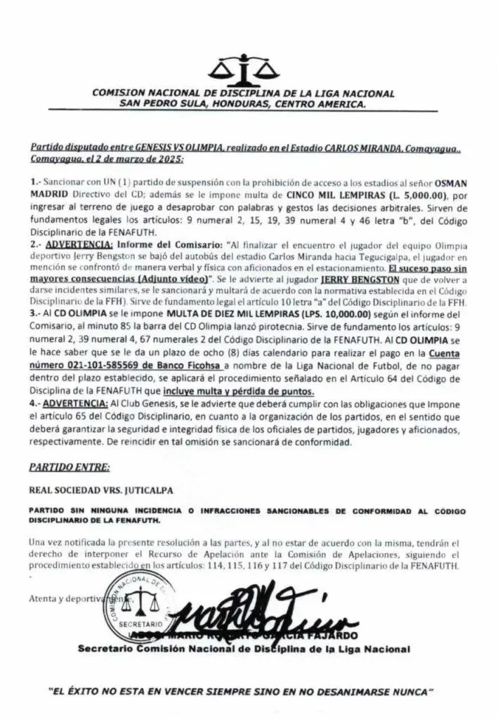 Este es el documento donde la Comisión de Disciplina confirma la advertencia a Jerry Bengtson.