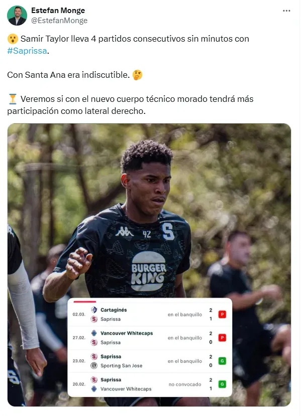Samir Taylor en los últimos cuatro partidos. (X.com)