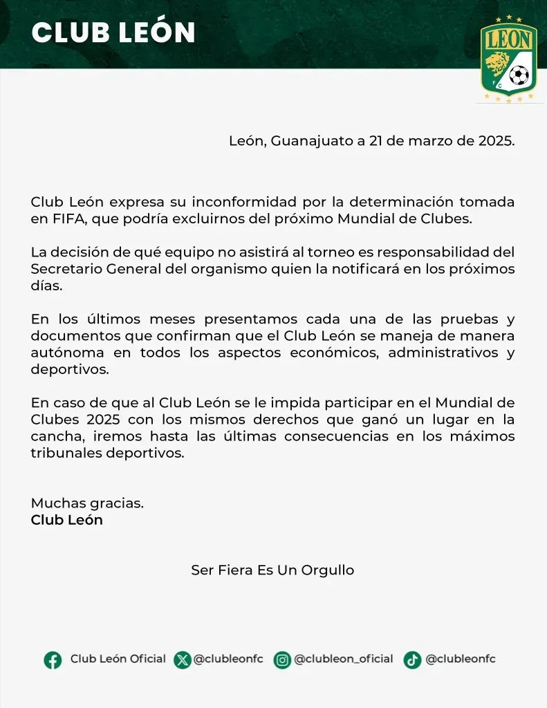 Comunicado oficial del Club León