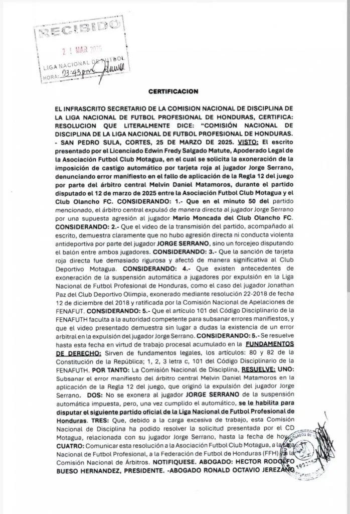La Comisión de Disciplina reconocer el error del árbitro, pero Serrano no puede jugar ante Marathón.