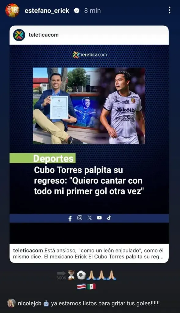 El mensaje de la esposa del Cubo Torres. (Instagram)