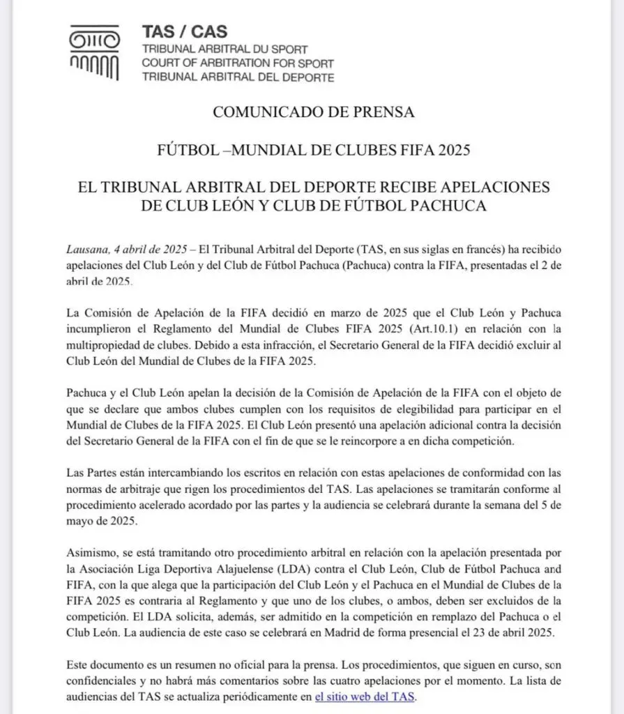 El comunicado publicado por TAS.