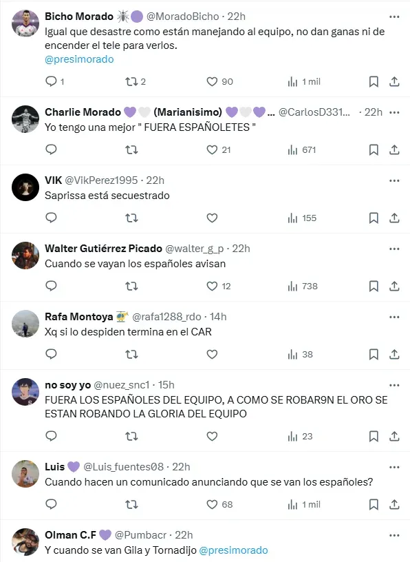 Apenas una muestra de la cantidad de mensajes contra los españoles de Saprissa. (x.com)