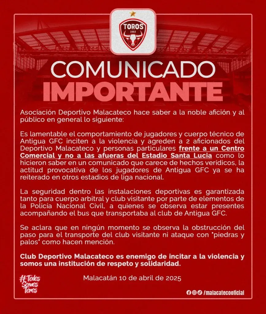 Malacateco emitió un comunicado oficial sobre lo sucedido ante Antigua GFC.